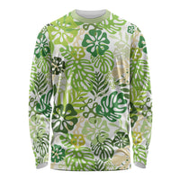 Green Aloha Hawaiian Long Sleeve Shirt Monstera Hibiscus Tropical Pattern