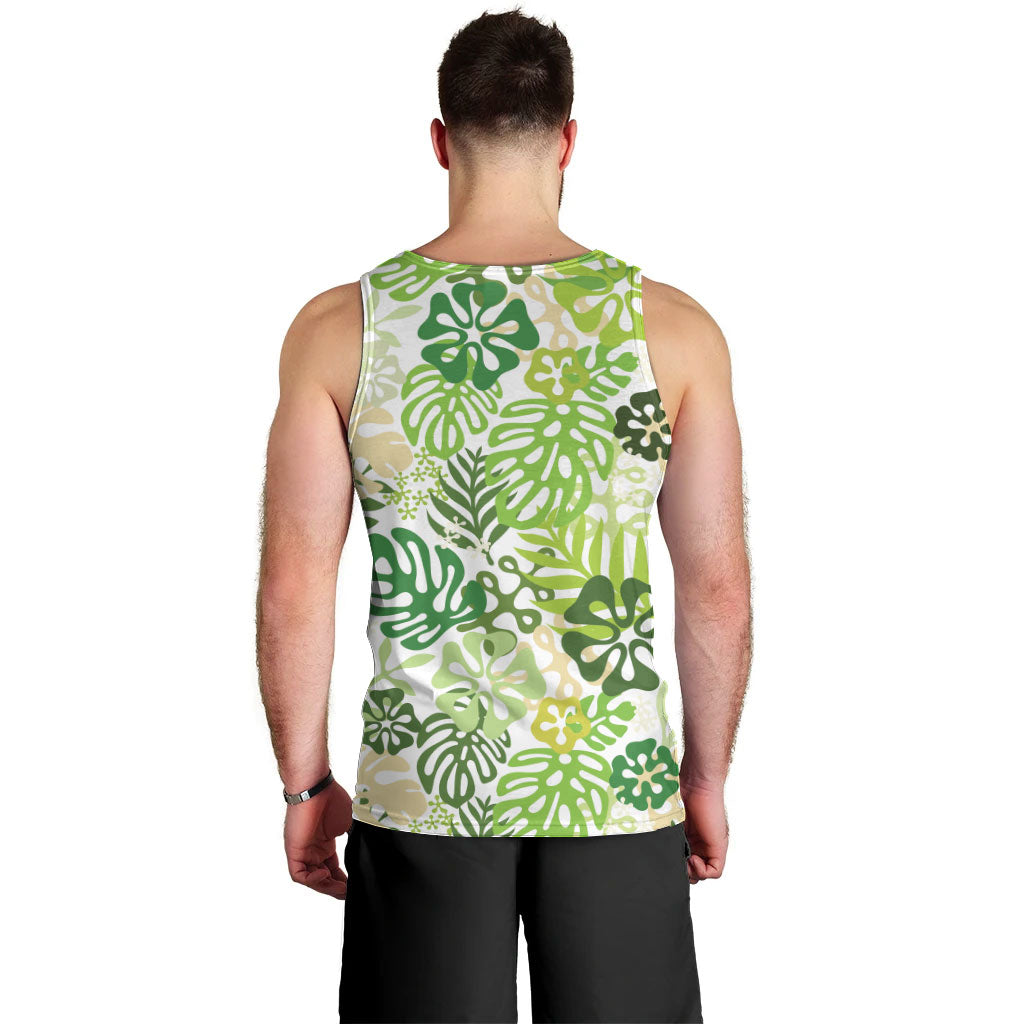 Green Aloha Hawaiian Men Tank Top Monstera Hibiscus Tropical Pattern