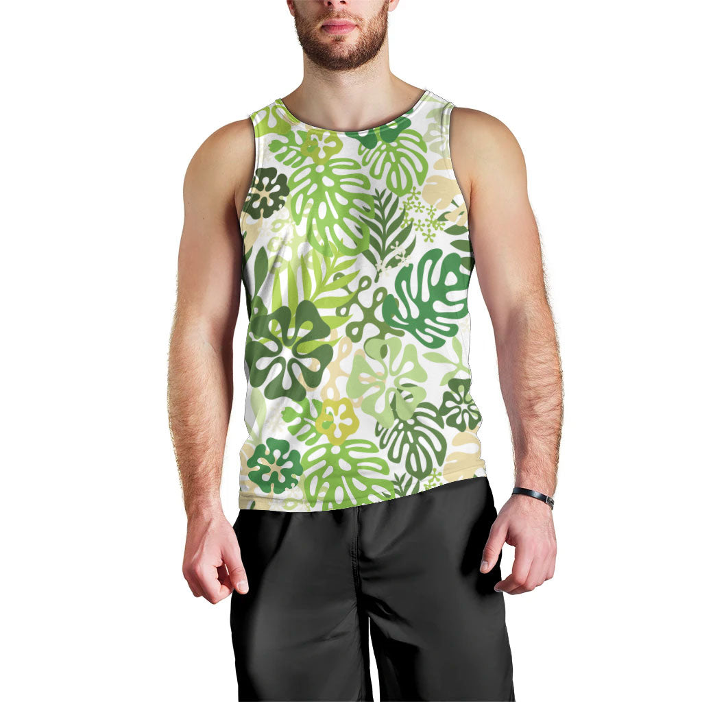 Green Aloha Hawaiian Men Tank Top Monstera Hibiscus Tropical Pattern