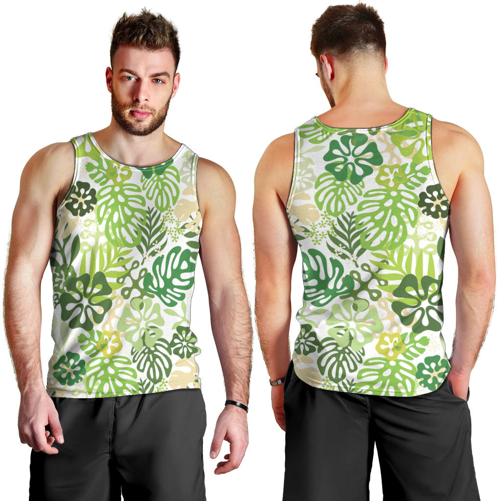 Green Aloha Hawaiian Men Tank Top Monstera Hibiscus Tropical Pattern