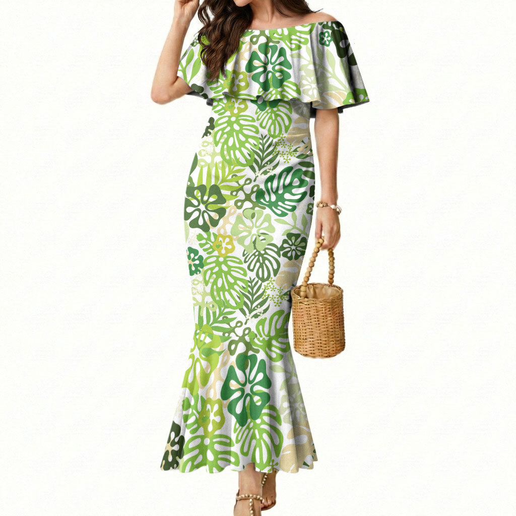 Green Aloha Hawaiian Mermaid Dress Monstera Hibiscus Tropical Pattern
