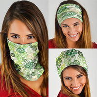 Green Aloha Hawaiian Neck Gaiter Monstera Hibiscus Tropical Pattern