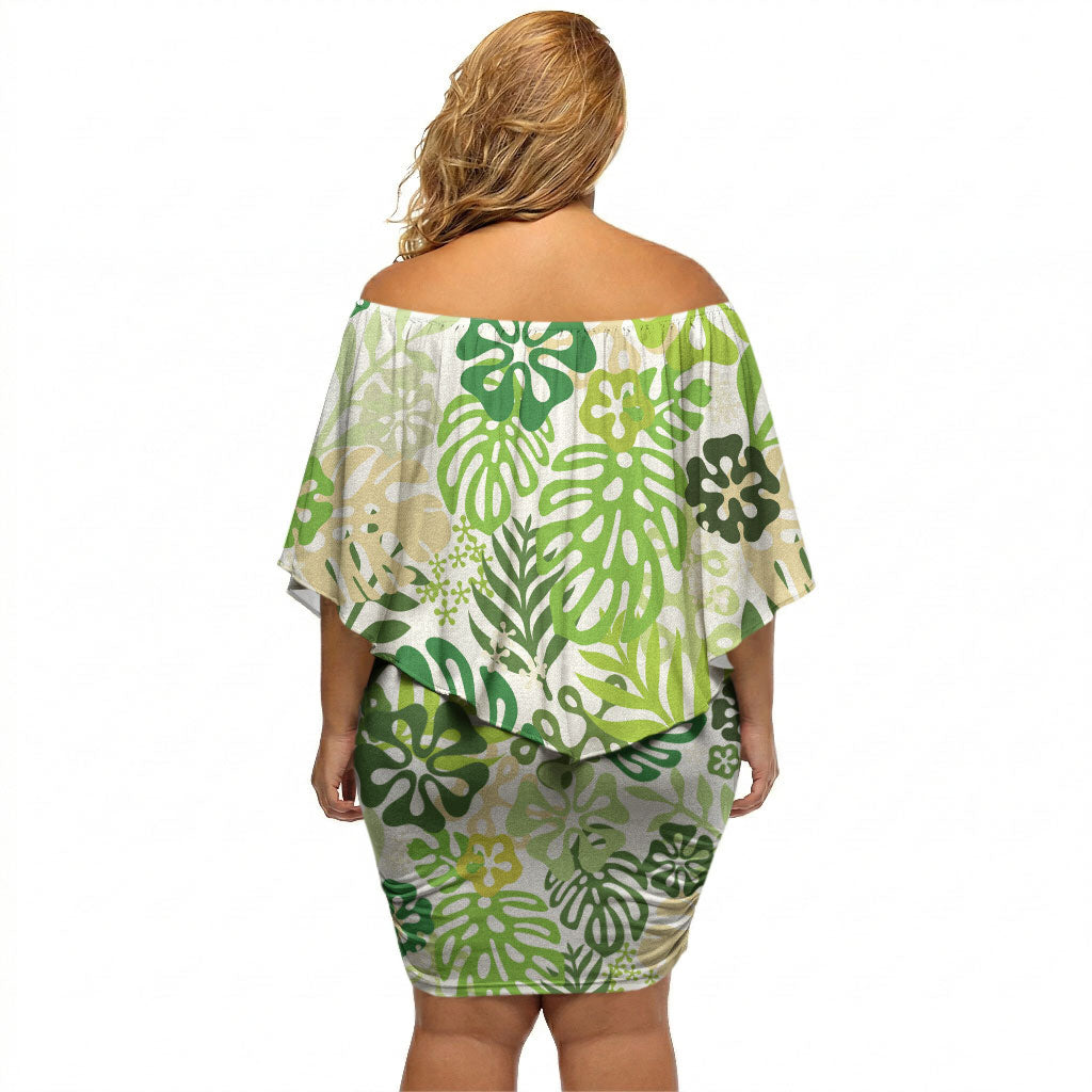 Green Aloha Hawaiian Off Shoulder Short Dress Monstera Hibiscus Tropical Pattern
