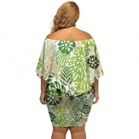 Green Aloha Hawaiian Off Shoulder Short Dress Monstera Hibiscus Tropical Pattern