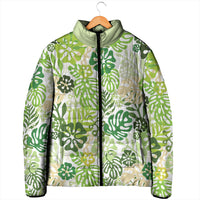 Green Aloha Hawaiian Padded Jacket Monstera Hibiscus Tropical Pattern