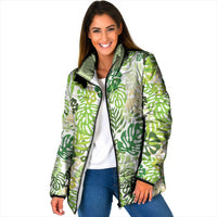 Green Aloha Hawaiian Padded Jacket Monstera Hibiscus Tropical Pattern