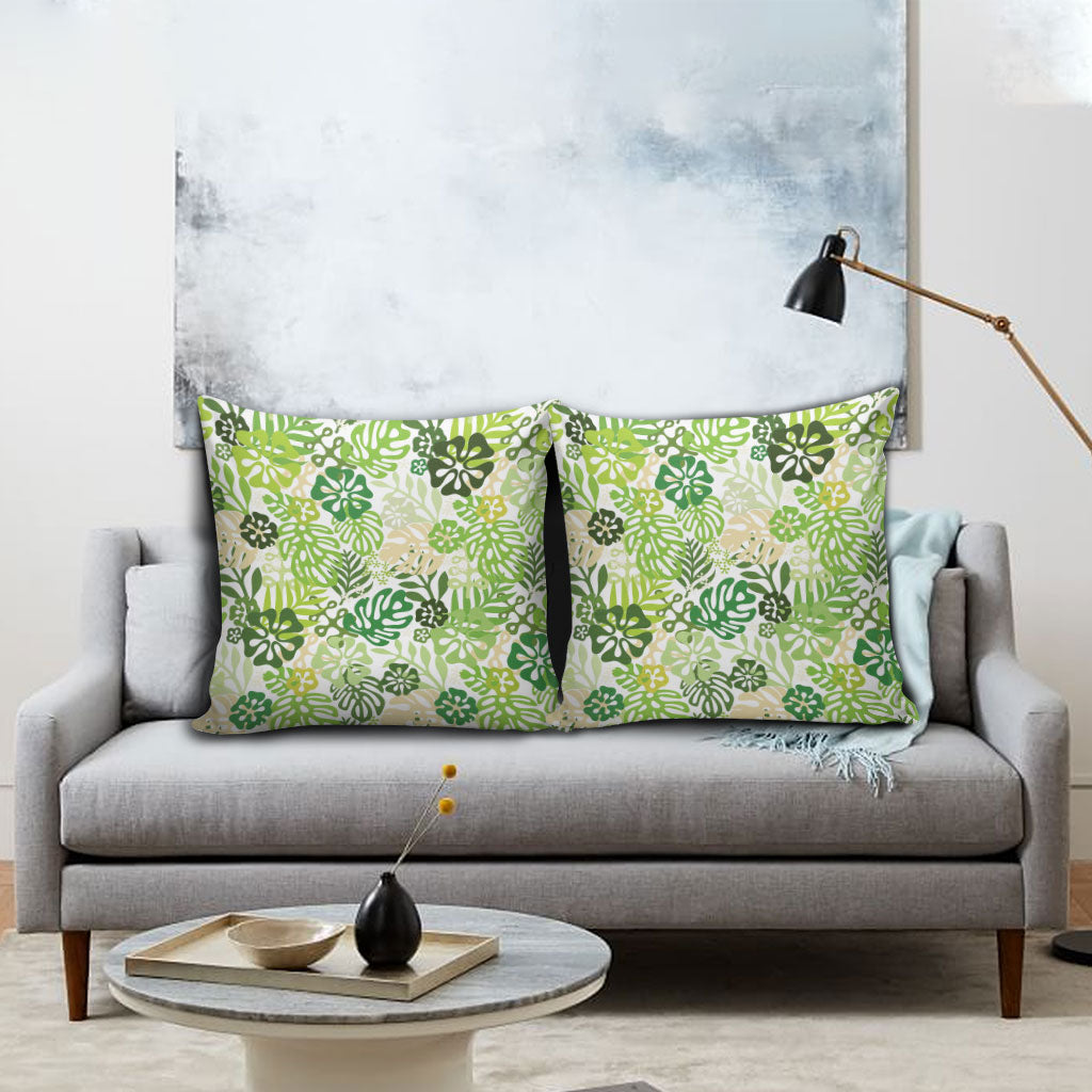 Green Aloha Hawaiian Pillow Cover Monstera Hibiscus Tropical Pattern