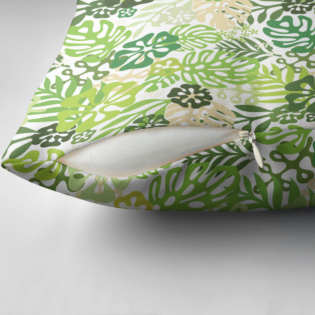 Green Aloha Hawaiian Pillow Cover Monstera Hibiscus Tropical Pattern