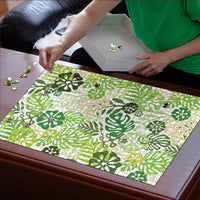 Green Aloha Hawaiian Puzzle Monstera Hibiscus Tropical Pattern