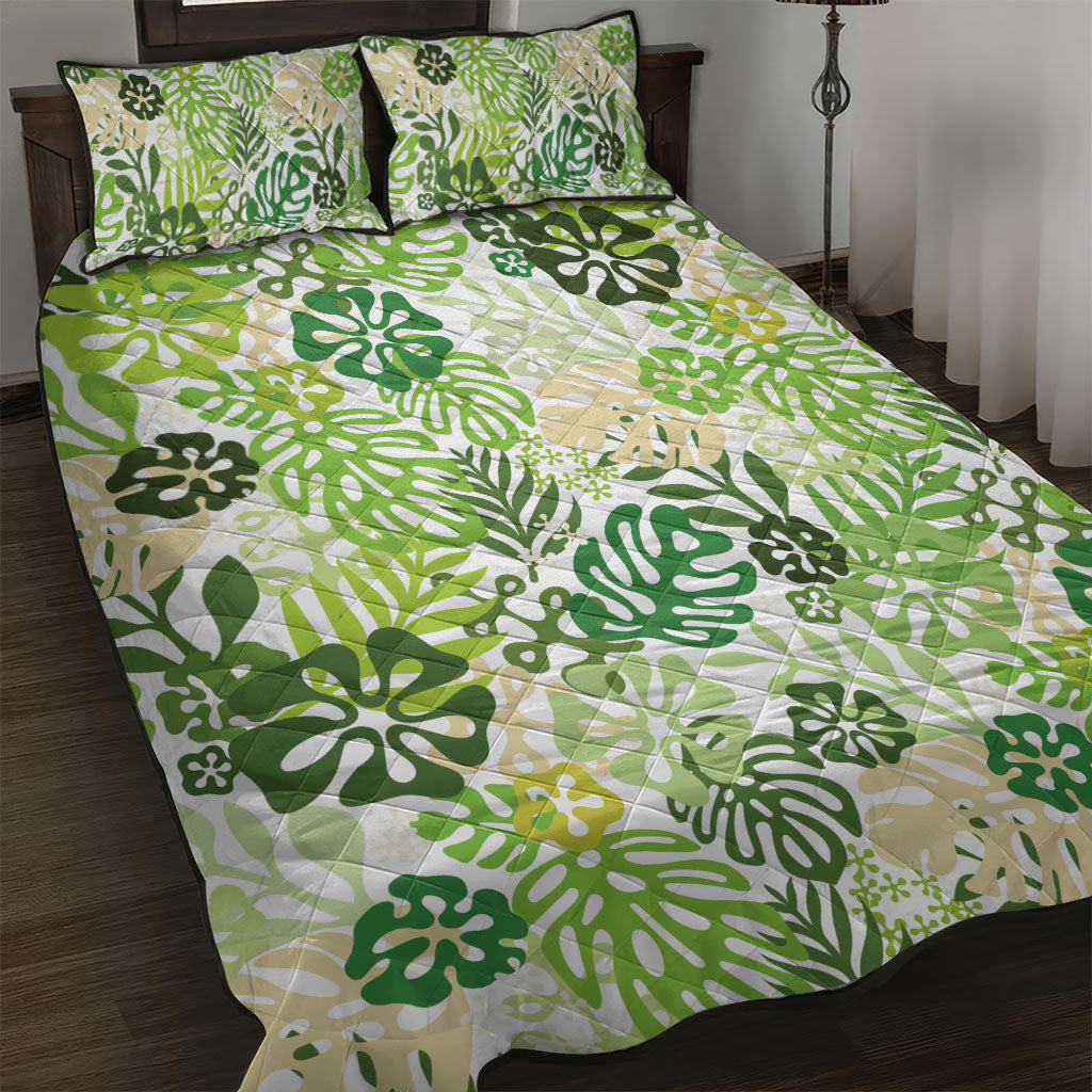 Green Aloha Hawaiian Quilt Bed Set Monstera Hibiscus Tropical Pattern