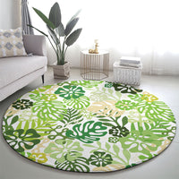 Green Aloha Hawaiian Round Carpet Monstera Hibiscus Tropical Pattern