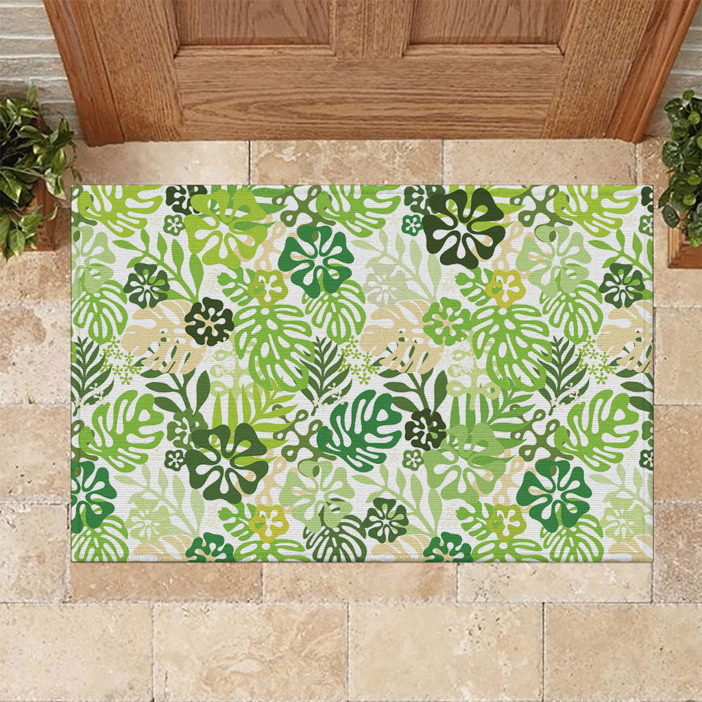 Green Aloha Hawaiian Rubber Doormat Monstera Hibiscus Tropical Pattern