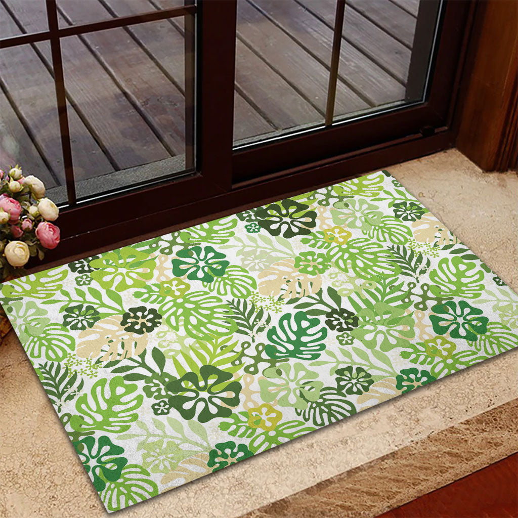 Green Aloha Hawaiian Rubber Doormat Monstera Hibiscus Tropical Pattern