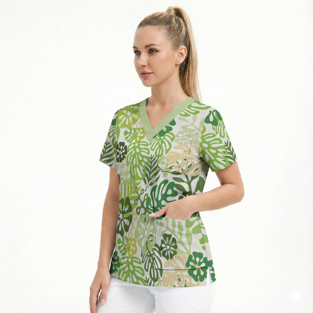 Green Aloha Hawaiian Scrub Top Monstera Hibiscus Tropical Pattern