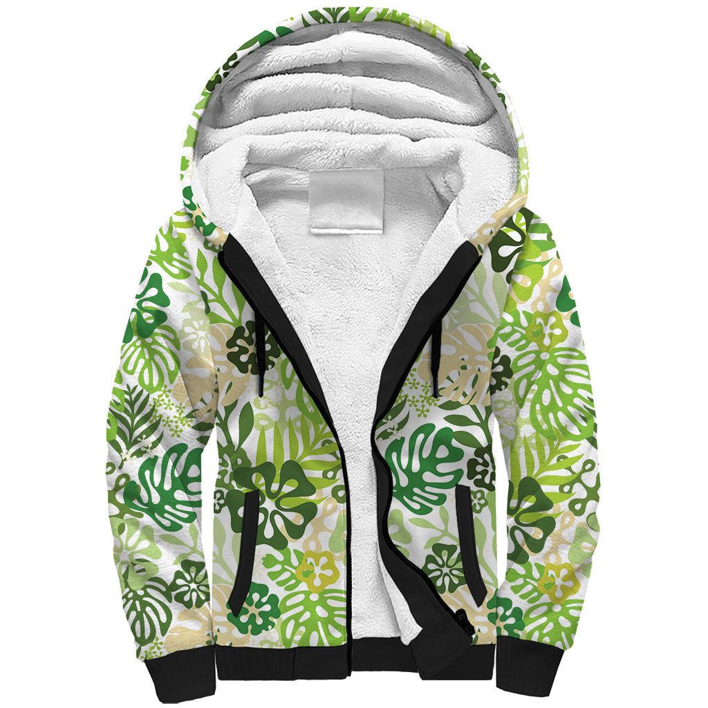 Green Aloha Hawaiian Sherpa Hoodie Monstera Hibiscus Tropical Pattern