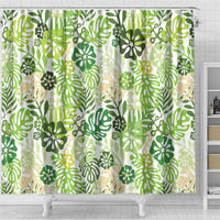 Green Aloha Hawaiian Shower Curtain Monstera Hibiscus Tropical Pattern
