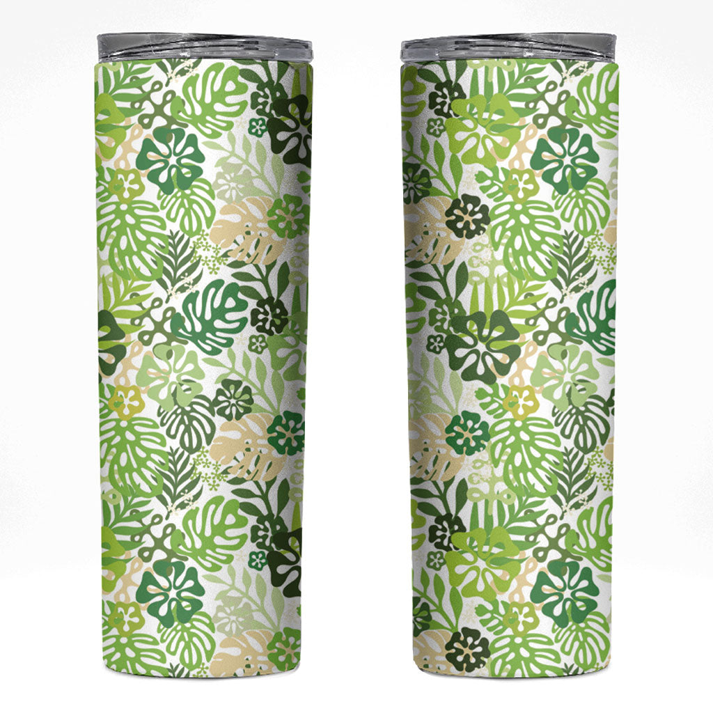 Green Aloha Hawaiian Skinny Tumbler Monstera Hibiscus Tropical Pattern