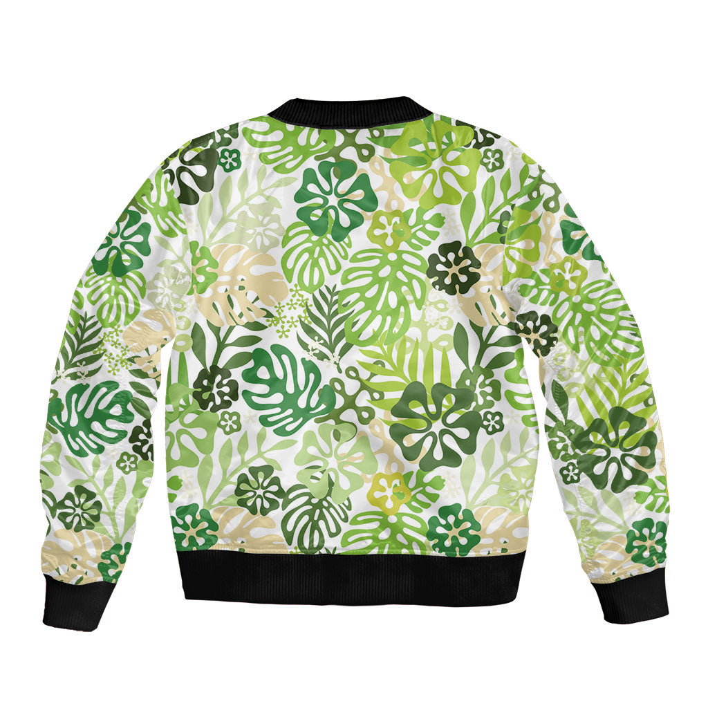 Green Aloha Hawaiian Sleeve Zip Bomber Jacket Monstera Hibiscus Tropical Pattern