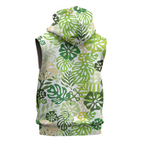 Green Aloha Hawaiian Sleeveless Hoodie Monstera Hibiscus Tropical Pattern