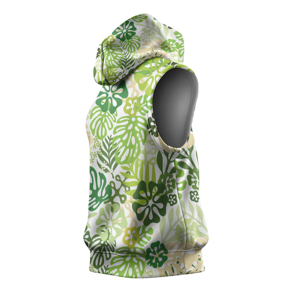 Green Aloha Hawaiian Sleeveless Hoodie Monstera Hibiscus Tropical Pattern