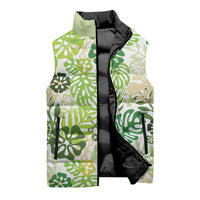 Green Aloha Hawaiian Sleeveless Puffer Jacket Monstera Hibiscus Tropical Pattern