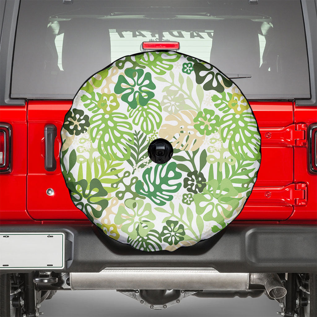 Green Aloha Hawaiian Spare Tire Cover Monstera Hibiscus Tropical Pattern