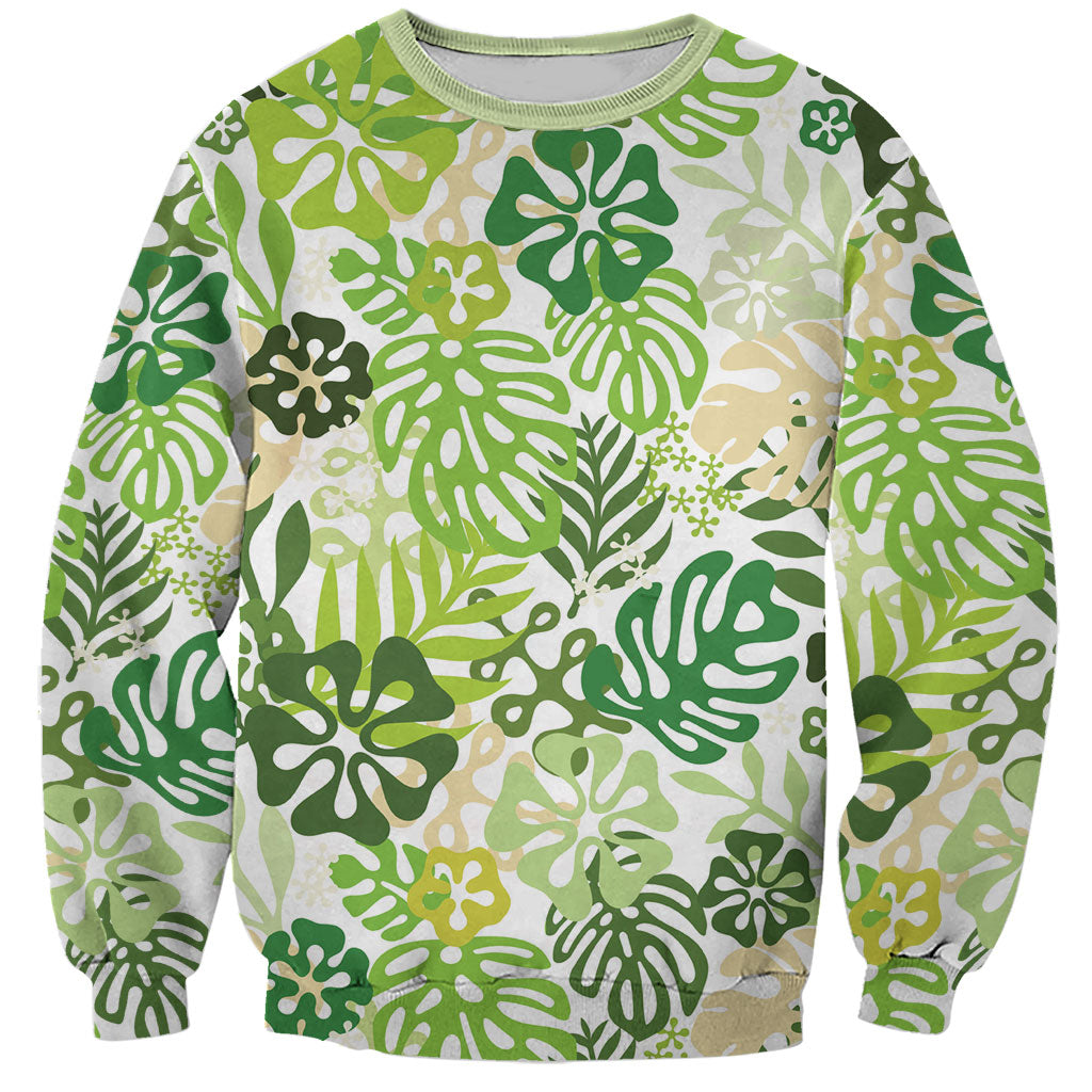 Green Aloha Hawaiian Sweatshirt Monstera Hibiscus Tropical Pattern