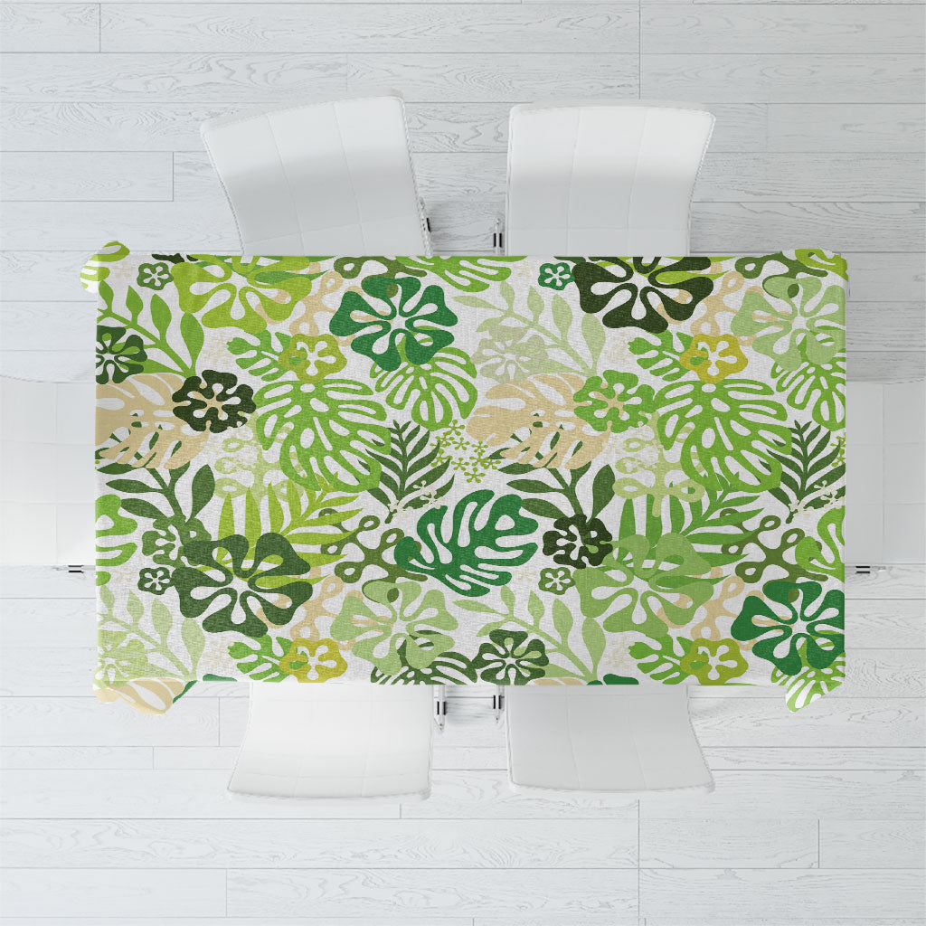 Green Aloha Hawaiian Tablecloth Monstera Hibiscus Tropical Pattern