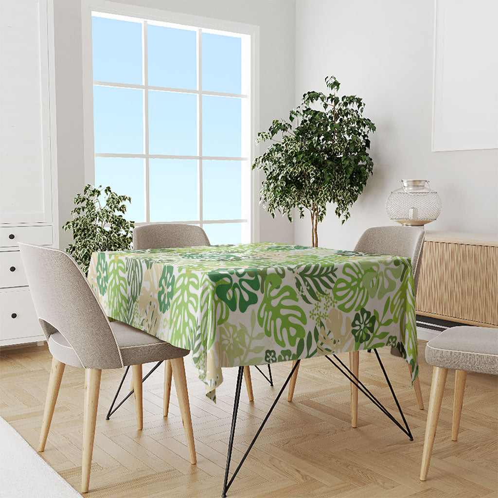 Green Aloha Hawaiian Tablecloth Monstera Hibiscus Tropical Pattern