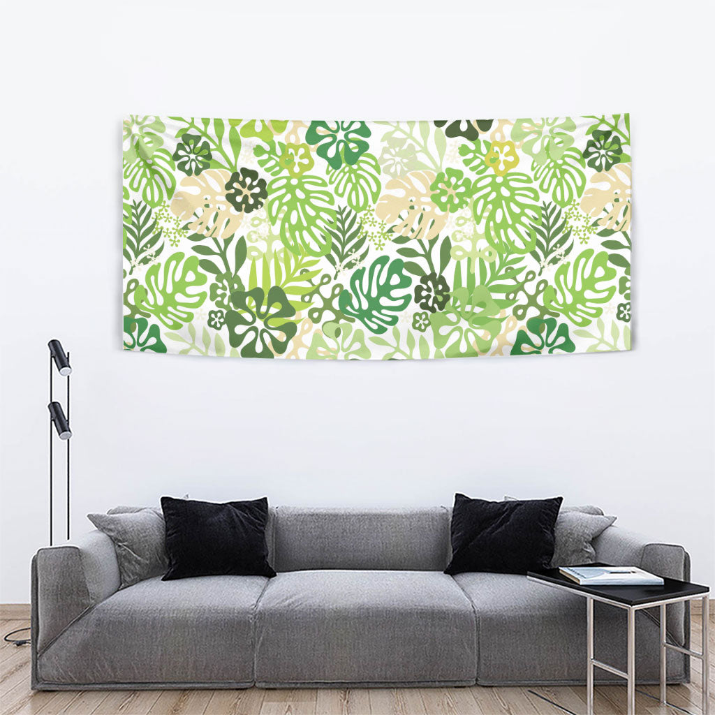 Green Aloha Hawaiian Tapestry Monstera Hibiscus Tropical Pattern
