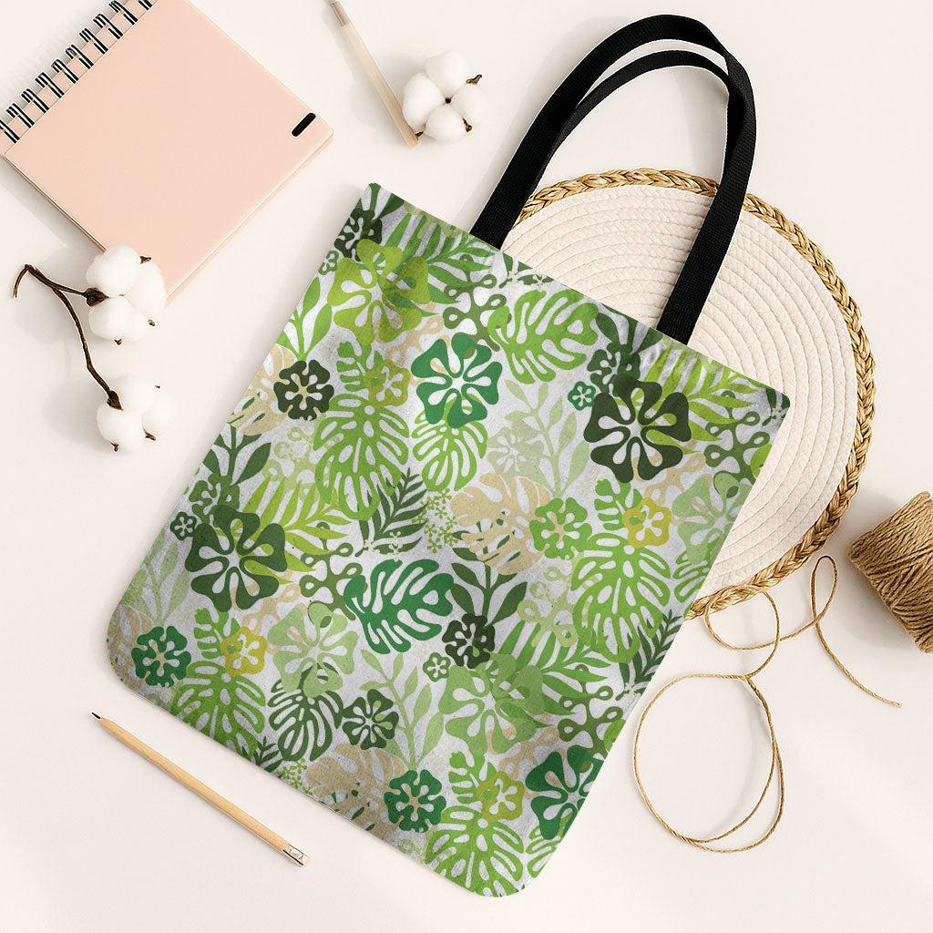 Green Aloha Hawaiian Tote Bag Monstera Hibiscus Tropical Pattern