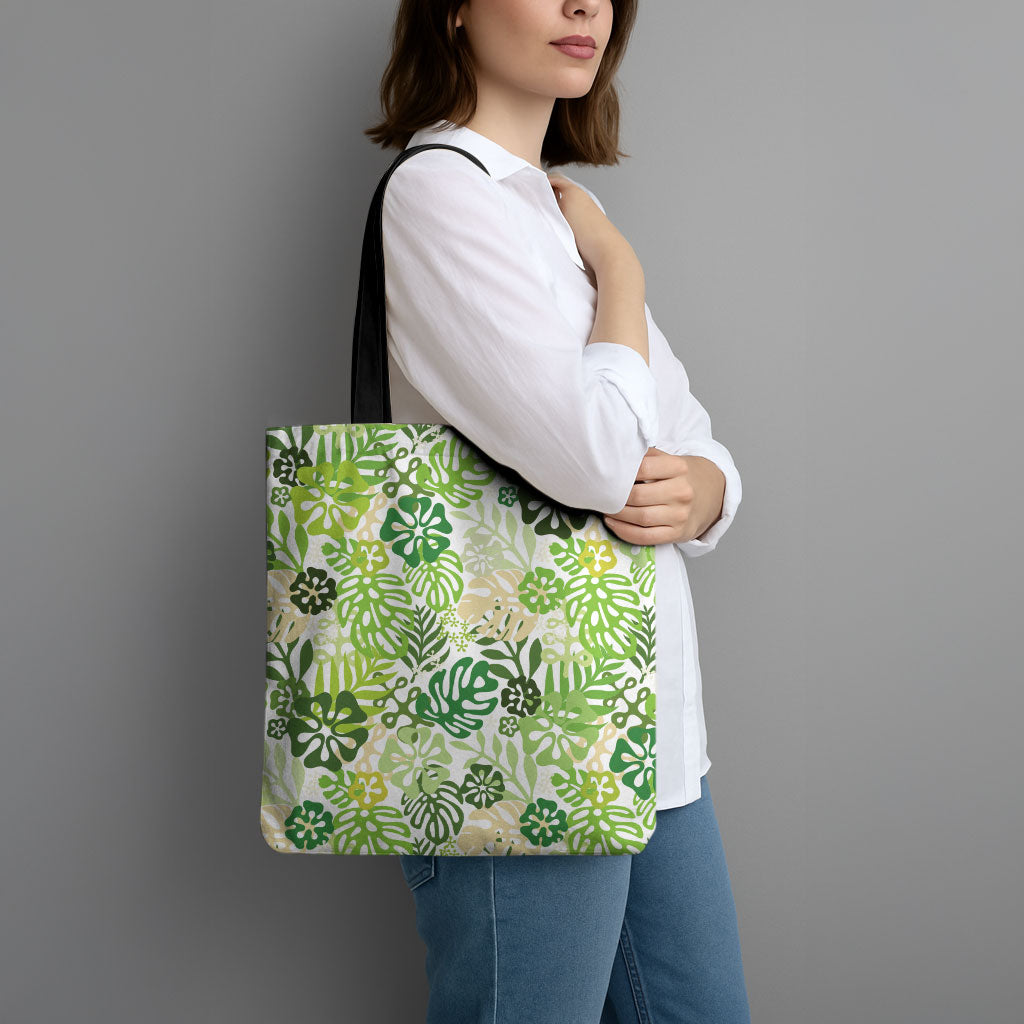 Green Aloha Hawaiian Tote Bag Monstera Hibiscus Tropical Pattern