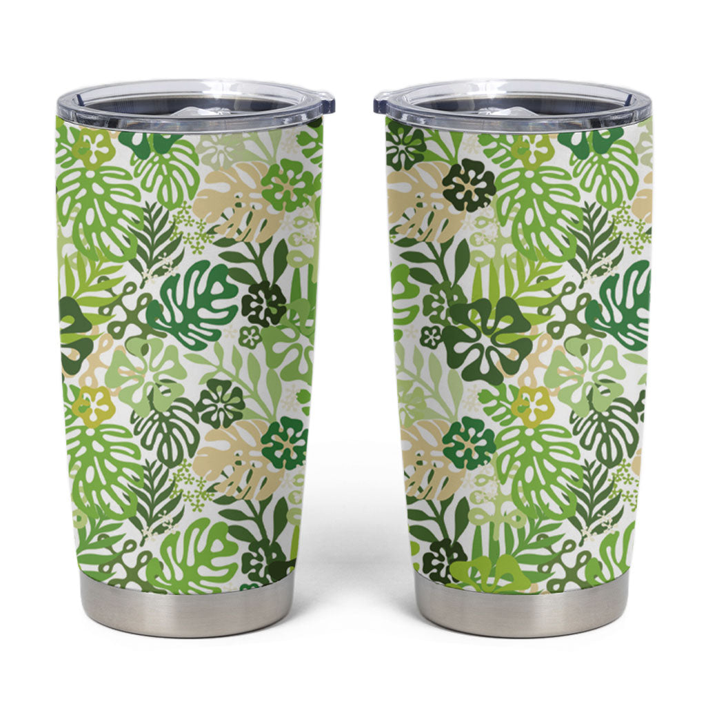 Green Aloha Hawaiian Tumbler Cup Monstera Hibiscus Tropical Pattern