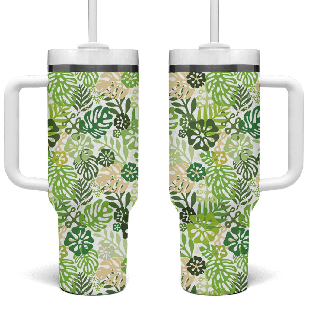 Green Aloha Hawaiian Tumbler With Handle Monstera Hibiscus Tropical Pattern
