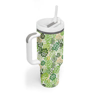 Green Aloha Hawaiian Tumbler With Handle Monstera Hibiscus Tropical Pattern