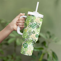 Green Aloha Hawaiian Tumbler With Handle Monstera Hibiscus Tropical Pattern