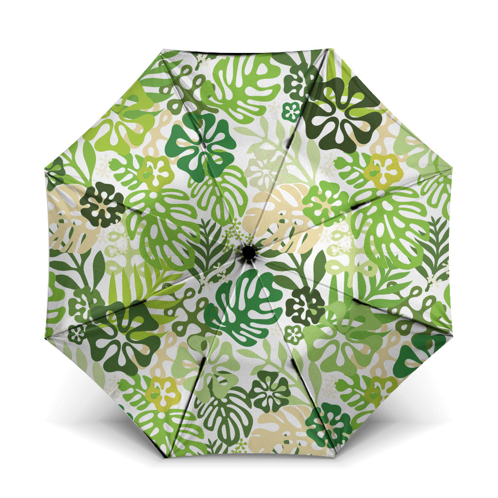 Green Aloha Hawaiian Umbrella Monstera Hibiscus Tropical Pattern