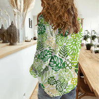 Green Aloha Hawaiian Women Casual Shirt Monstera Hibiscus Tropical Pattern