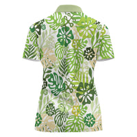 Green Aloha Hawaiian Women Polo Shirt Monstera Hibiscus Tropical Pattern