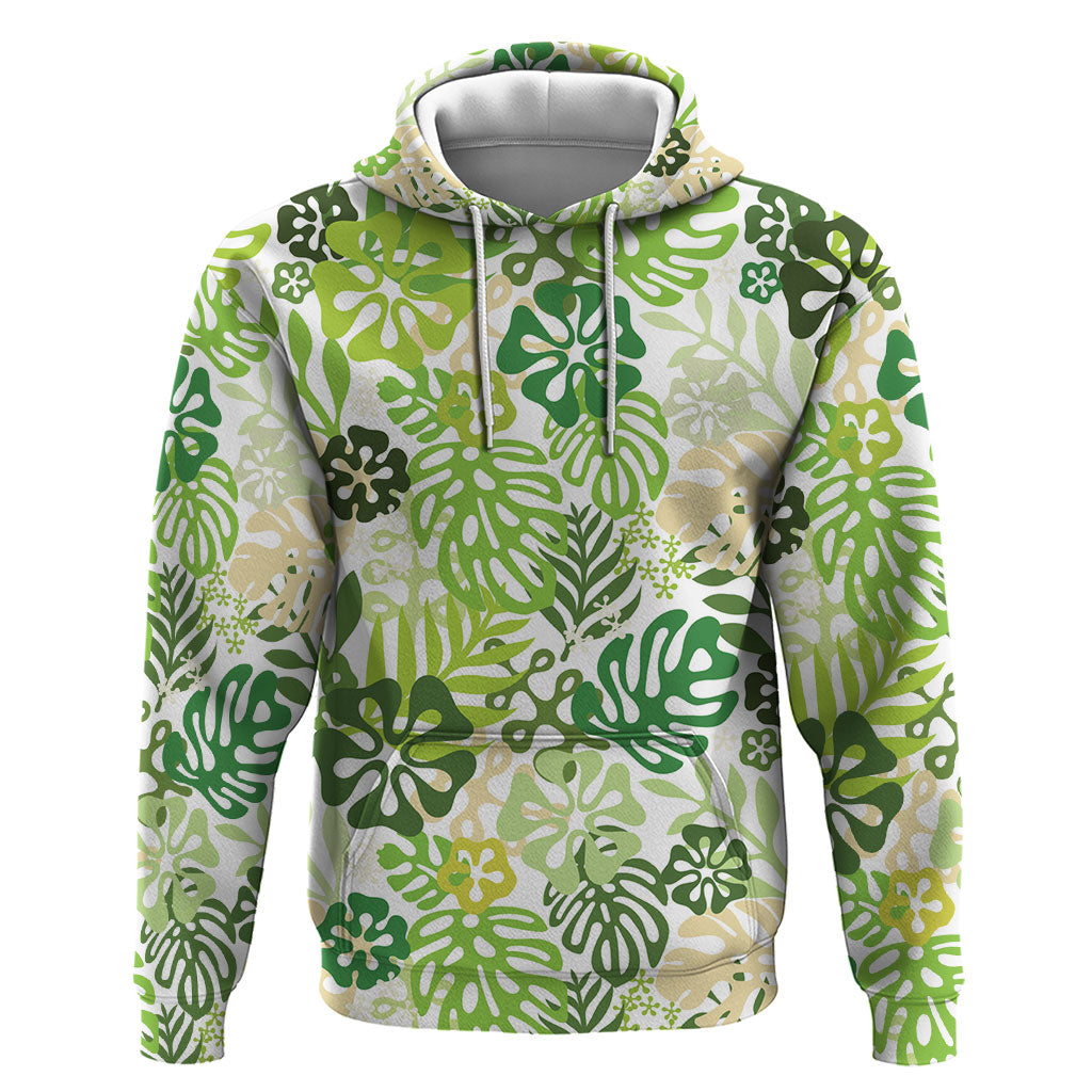 Green Aloha Hawaiian Zip Hoodie Monstera Hibiscus Tropical Pattern