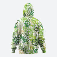 Green Aloha Hawaiian Zip Hoodie Monstera Hibiscus Tropical Pattern