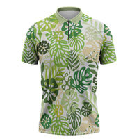 Green Aloha Hawaiian Zipper Polo Shirt Monstera Hibiscus Tropical Pattern
