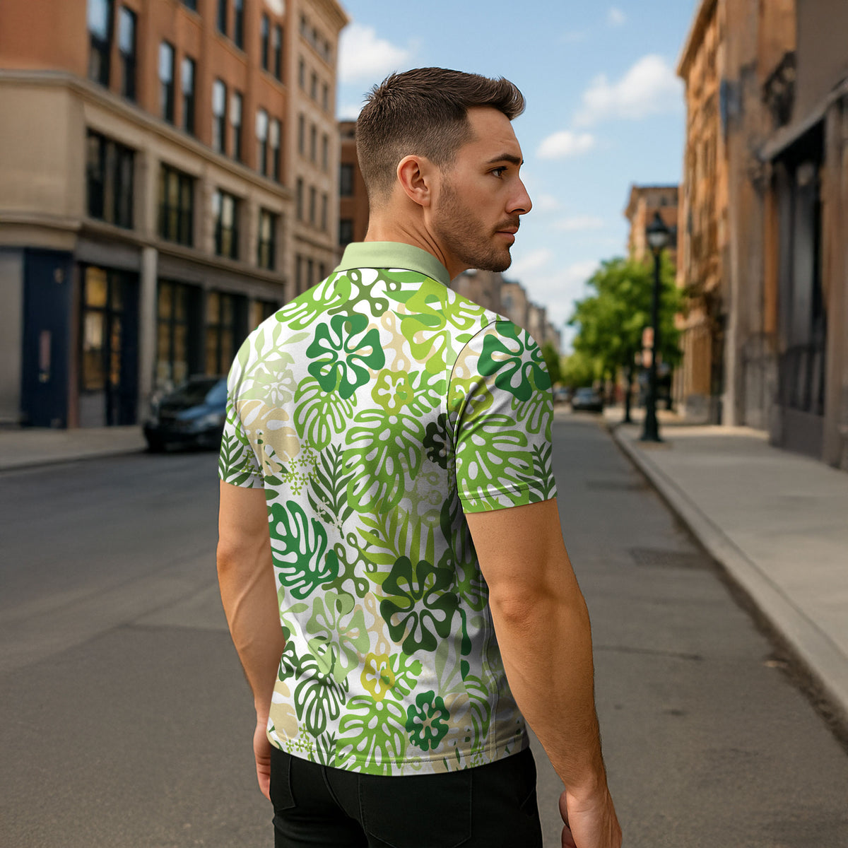 Green Aloha Hawaiian Zipper Polo Shirt Monstera Hibiscus Tropical Pattern