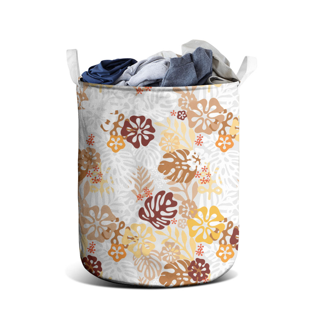 Brown Aloha Hawaiian Laundry Basket Monstera Hibiscus Tropical Pattern