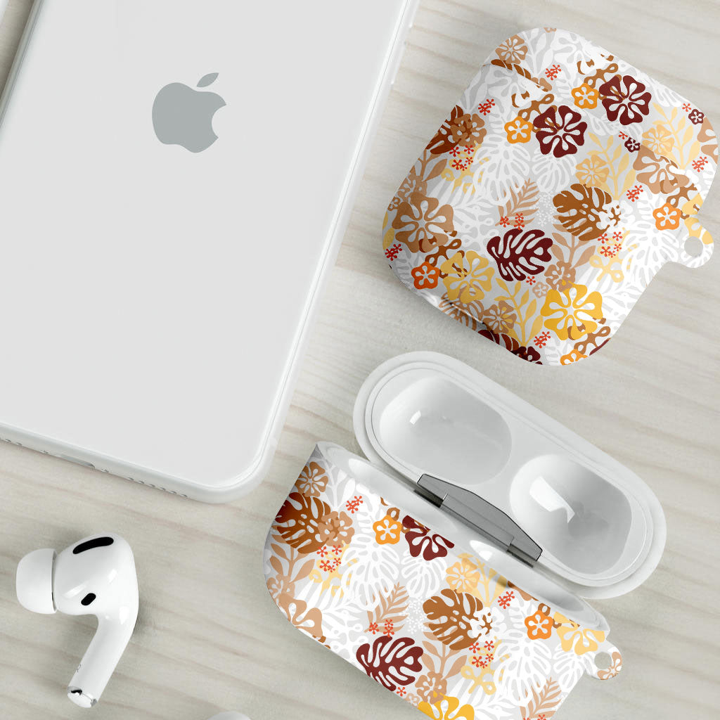 Brown Aloha Hawaiian AirPods Case Monstera Hibiscus Tropical Pattern