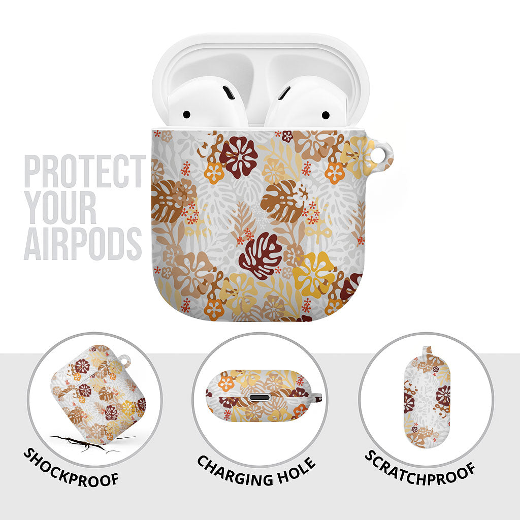 Brown Aloha Hawaiian AirPods Case Monstera Hibiscus Tropical Pattern