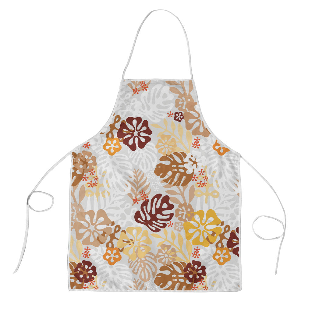 Brown Aloha Hawaiian Apron Monstera Hibiscus Tropical Pattern