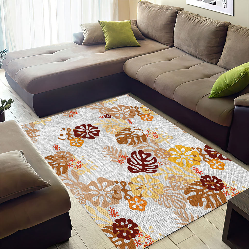 Brown Aloha Hawaiian Area Rug Monstera Hibiscus Tropical Pattern