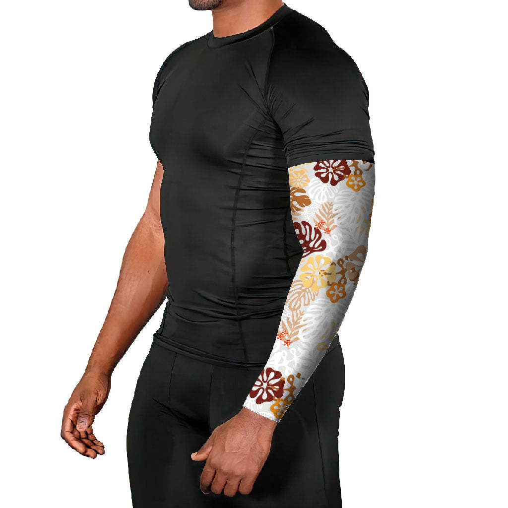 Brown Aloha Hawaiian Arm Sleeves Monstera Hibiscus Tropical Pattern