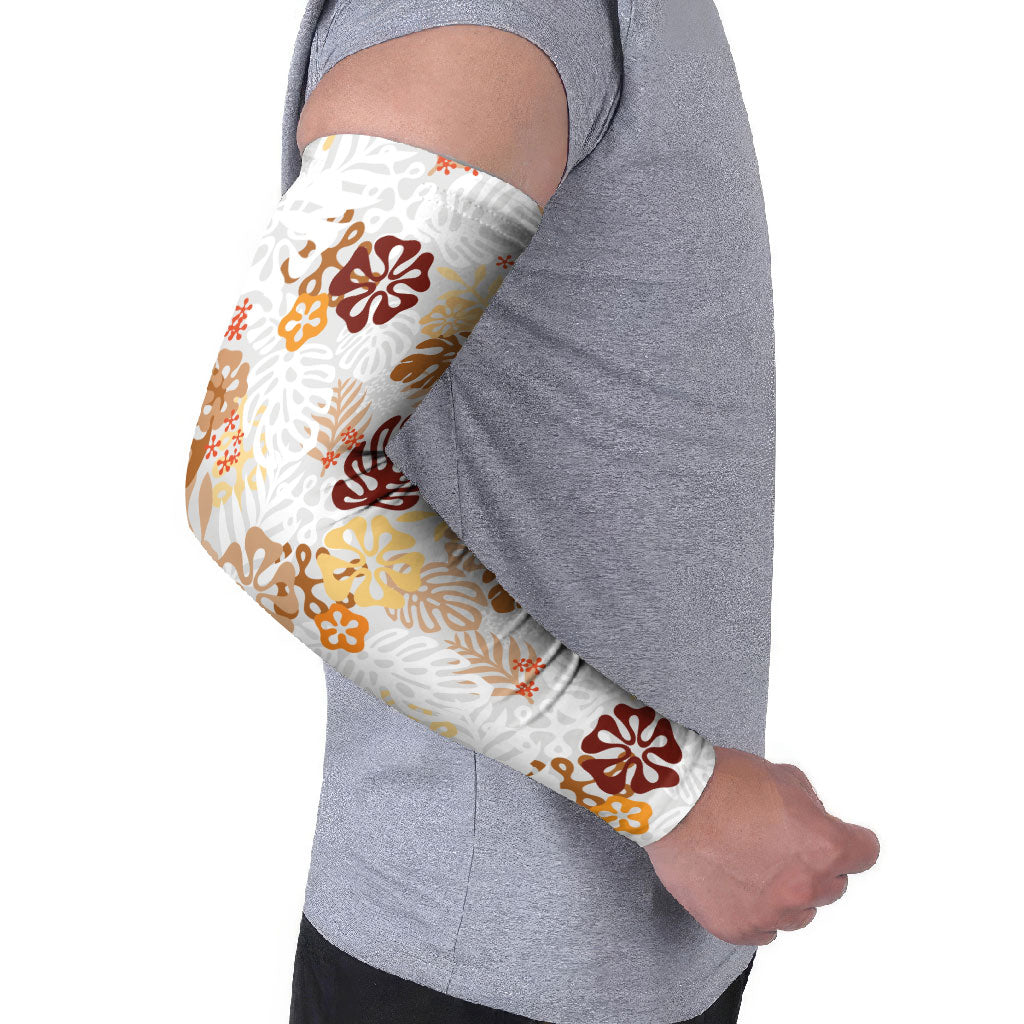 Brown Aloha Hawaiian Arm Sleeves Monstera Hibiscus Tropical Pattern